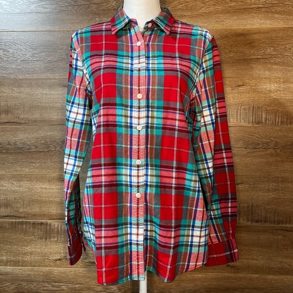 Lands' End Flannel Plaid Button Down Shirt Red Green Blue Long Sleeve Women's 10 - Picture 3 of 10